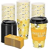JarThenaAMCS 48 Set Bee Disposable Coffee Cups with Lids and Sleeves Yellow Black Bee Honeycomb Flower Paper Cups Summer Drinking Cups for Summer Bee Day Party Supplies, Yellow, Black, White