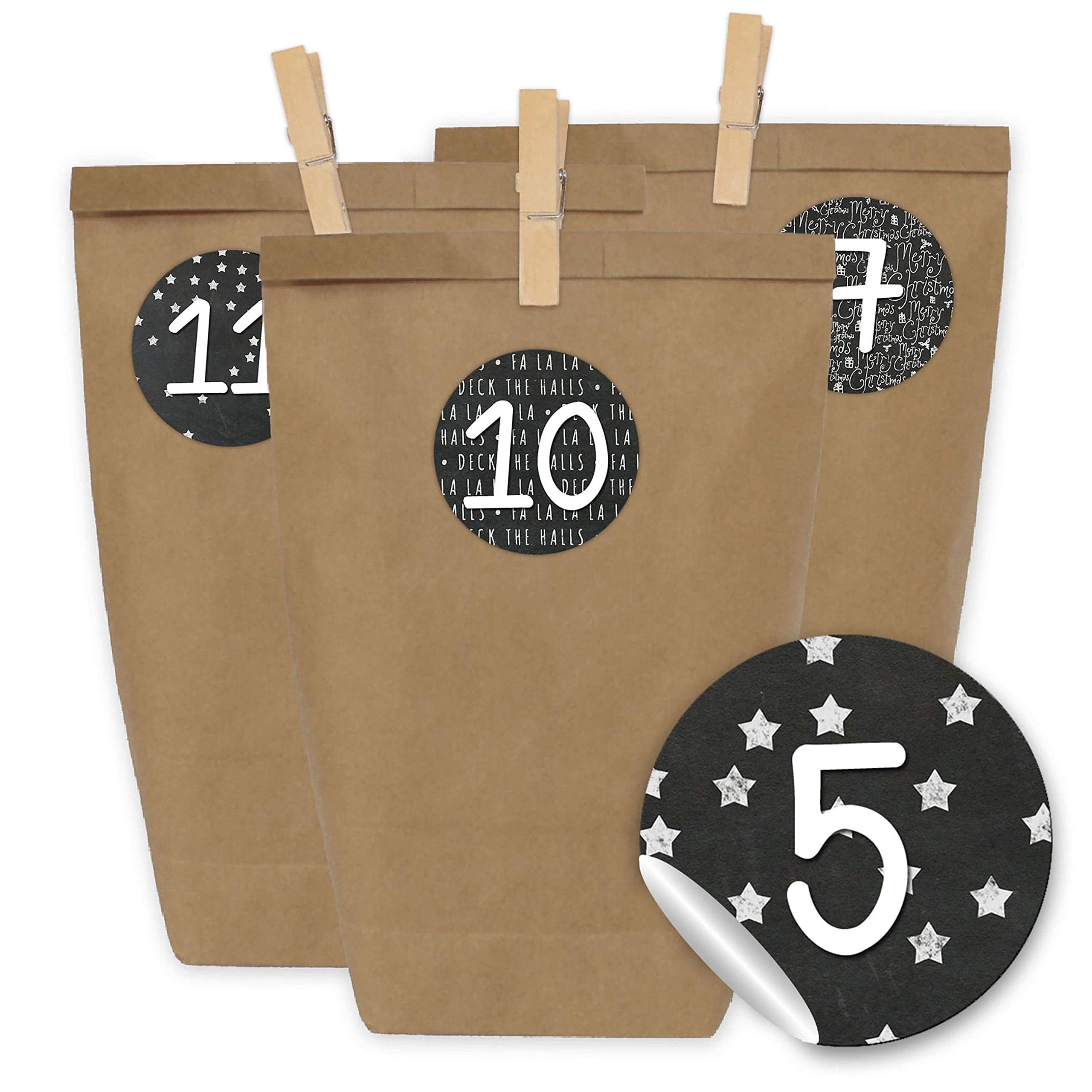 Papierdrachen Advent calendar 24 paper bags with stickers and 24 wooden clips - black and white design - 16