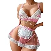 Avidlove Lingerie Sets for Women Sexy Cosplay Lingerie Maid Costume Double Layer Floral Lace Lingerie With Chain