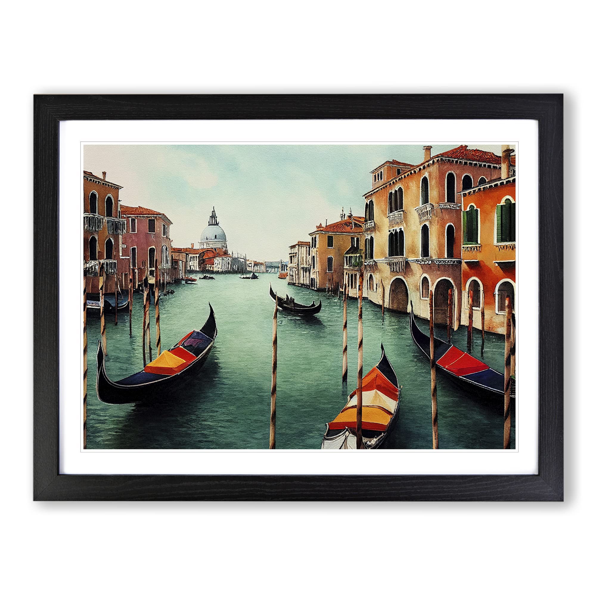 Venice Canal Watercolour Vol.1 Framed Print | A4 Black Framed Wall Art | Ready to Hang | Modern Historical Picture | Living Room Bedroom Lounge Office