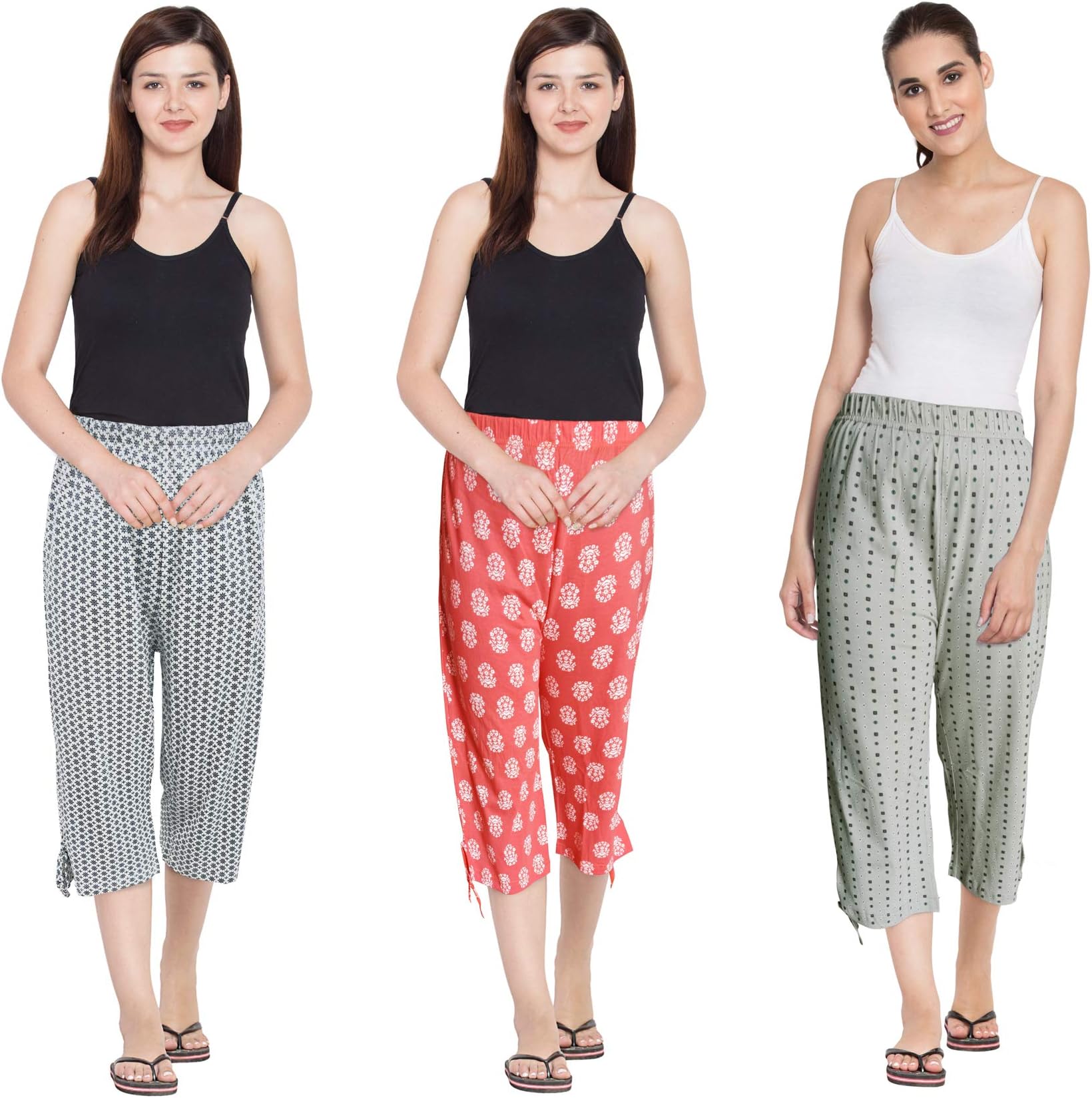 Fflirtygo Capri for Women Cotton, Night Pyjamas for Women, Capri for Women, Nightwear Capri for Women, Printed 3/4 Pyjama(Pack of 3Pcs), Prints May Vary (Assorted Capri), Save Rs. 173/-