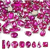 FASHEWELRY 80Pcs Rose Red Sew on Rhinestones Green Faceted Glass Rhinestones Mixed Shapes Sew on Crystal Gems with Metal Claw for Jewelry Crafts Clothes Shoes Costume Garment