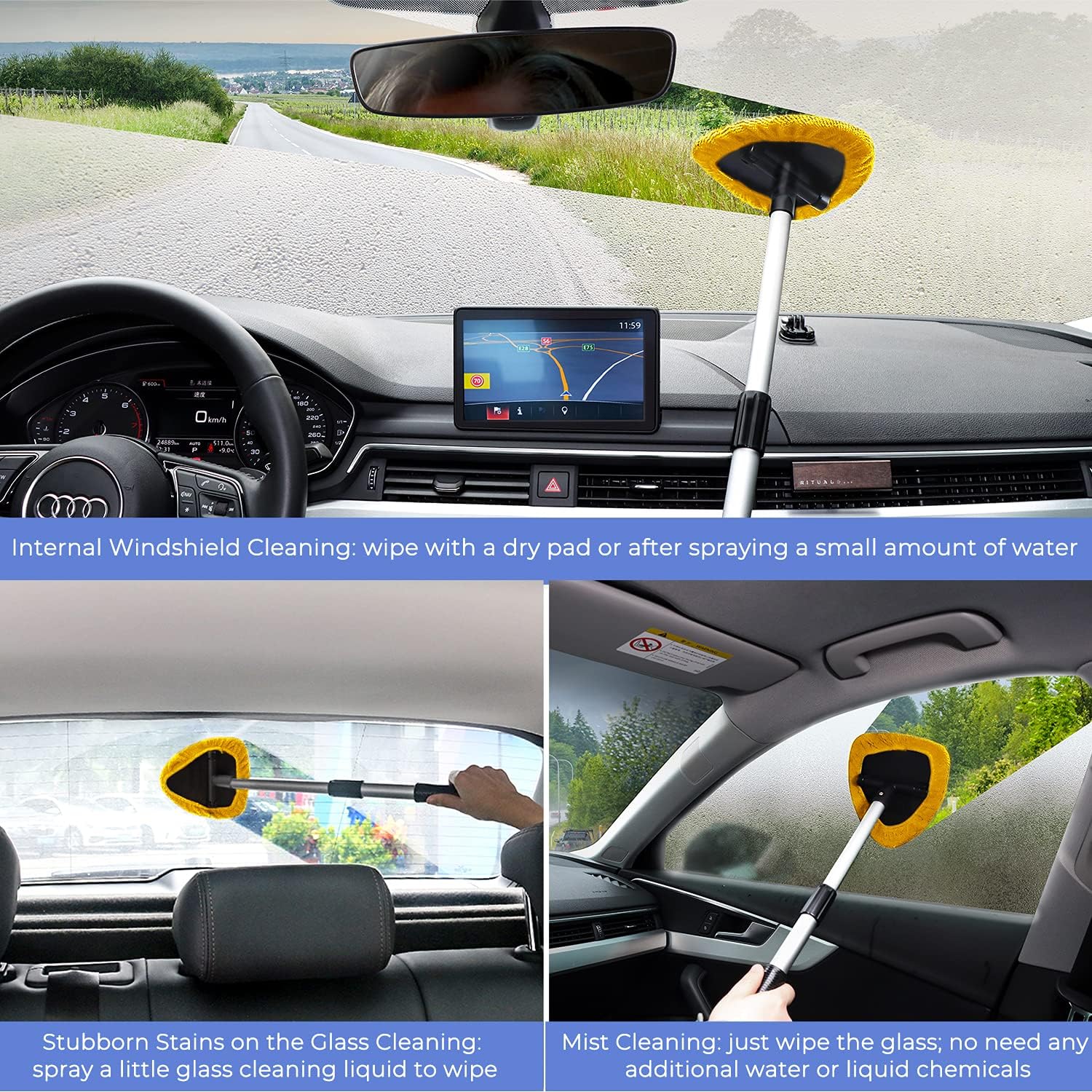 AstroAI Car Window Cleaner, 4 Reusable and Washable Microfiber Pads, Windshield Cleaning Wand Tool with Telescopic and Extendable Handle Auto Inside Glass Wiper Kit, Yellow: Automotive