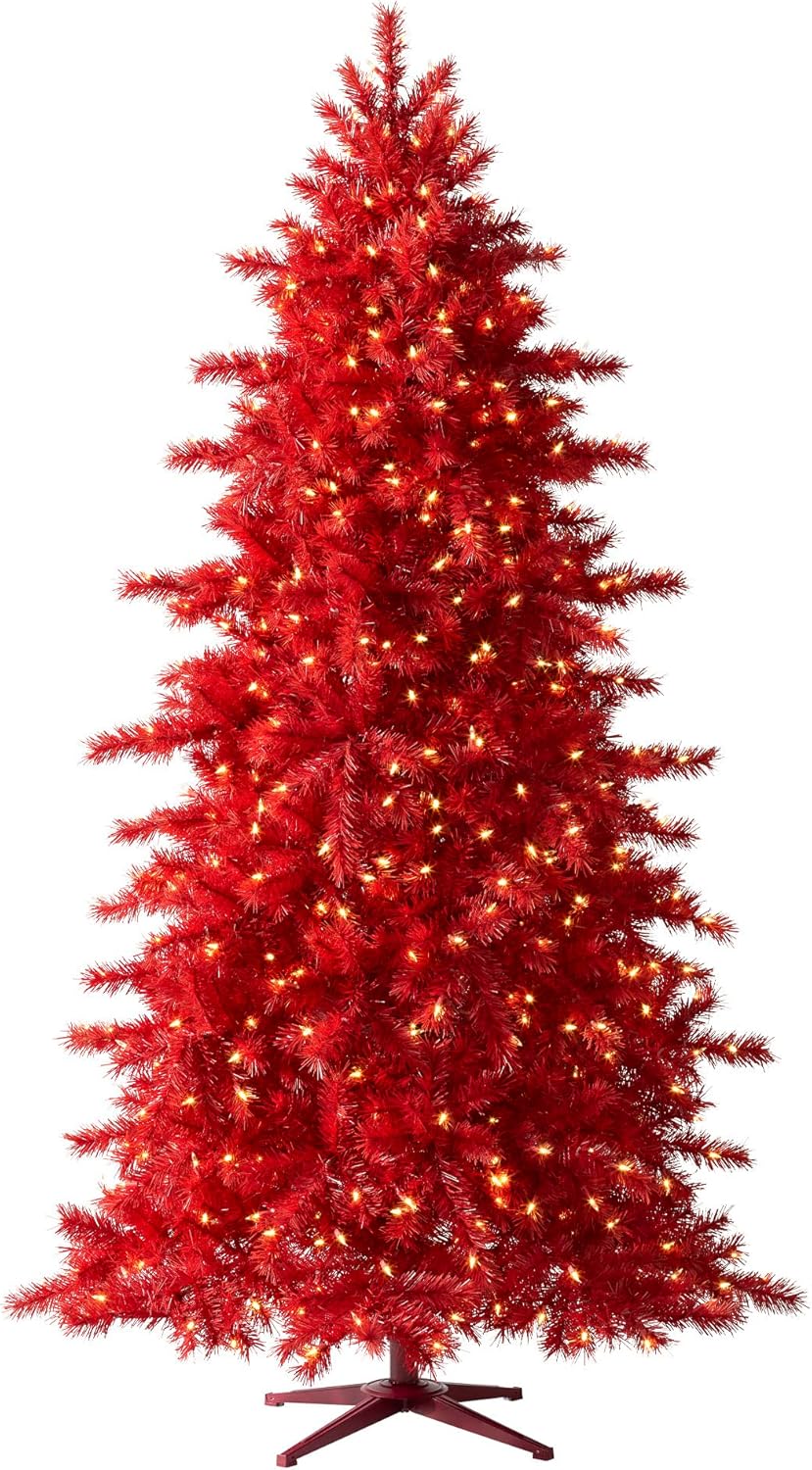 Trees - Treetopia Narrow Red Artificial Christmas Tree Red Red Pine 6ft Prelit with Clear LED Lights