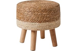 YMYNY Foot Stool Natural Seagrass Hand Weave, 12.6" Small Ottoman, Round Footrest for Living Room, Bedroom, Entryway, Change Shoes Stool, Non-Skid Wood Legs, Boho, Natural+White, UHBD027W