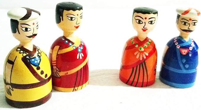 Crafts India Handcrafted Wooden Minature Colorful Village Couple Dolls , 2 Pair , Mr & Mrs Chikanna - 6 cms