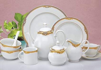 Alda Porcelain Luxury Ivory Gold Dinner Crockery Set (Multicolour)- 33 Pieces