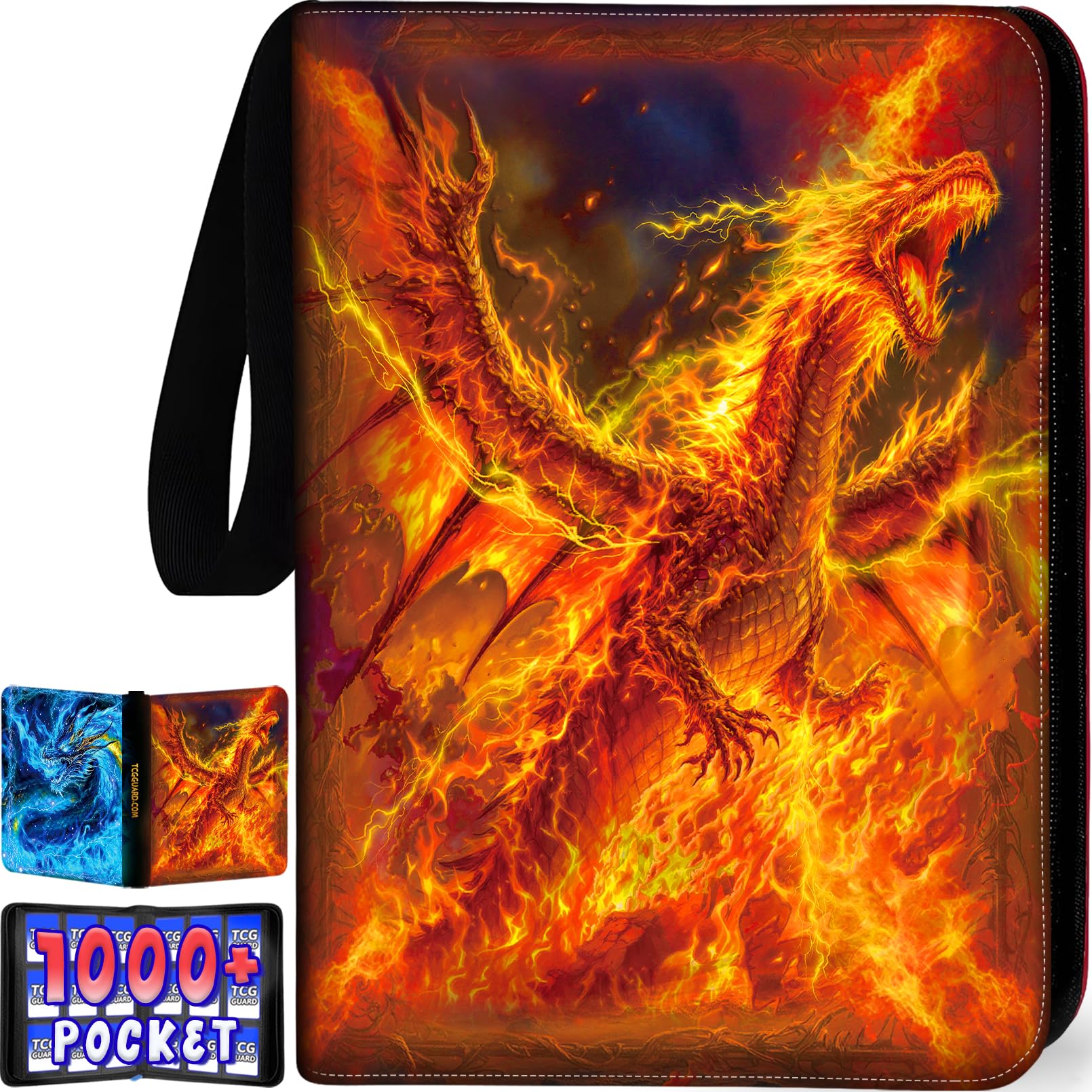 Photo 1 of 1008 Card Binder 9 Pocket, 3-Ring Trading Card Binder with 56 Page Removable Sleeves, High Storage Waterproof Trading Card Holder Collection Card Album Carrying Organizer Case for MTG TCG Cards -Fire