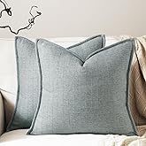 DEZENE 18x18 Linen Pillow Covers Steel Blue Pack of 2 Farmhouse Boho Neutral Accents Striped Textured Square Decorative Throw Pillow Cases for Living Room Couch Bed Home Decor