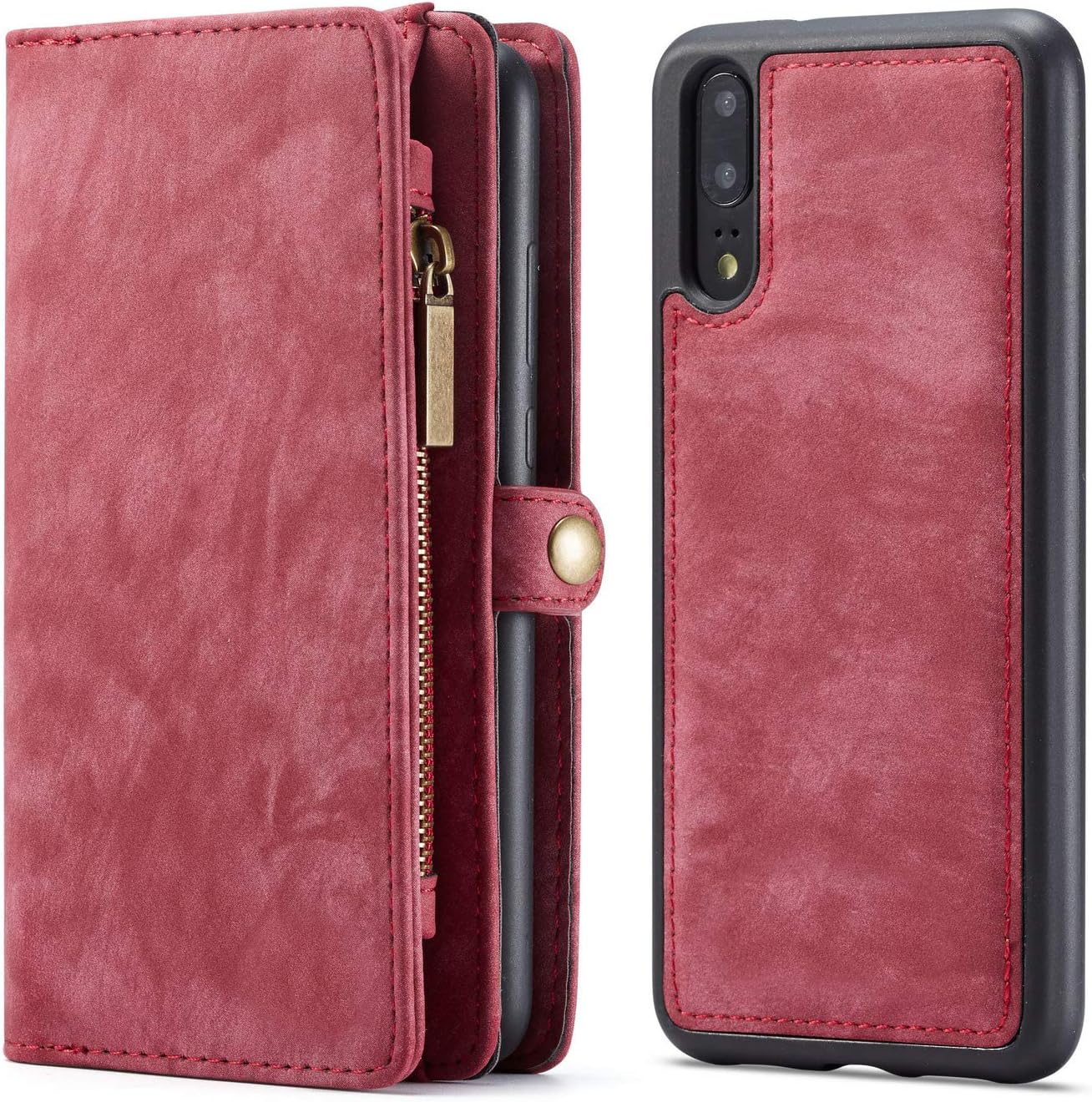 KelaSip Compatible with Huawei P20 Leather Wallet Phone Case,Premium Zipper Flip Wallet Case Cover with Detachable Magnetic Soft Case,Red