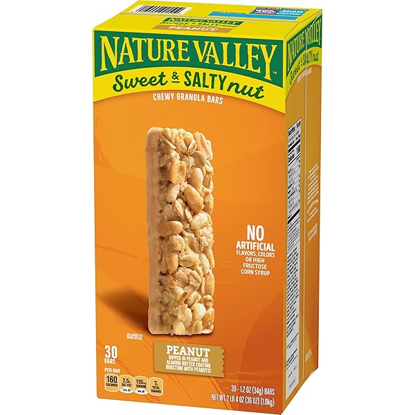 NATURE VALLEY SWEET & SALTY PEANUT CHEWY GRANOLA BARS BULK 30 COUNT, 36 OZ BOX, NO ARTIFICIAL FLAVORS COLORS OR HIGH FRUCTOSE CORN SYRUP, MORNING SNACK BARS, ADVENTURE READY
