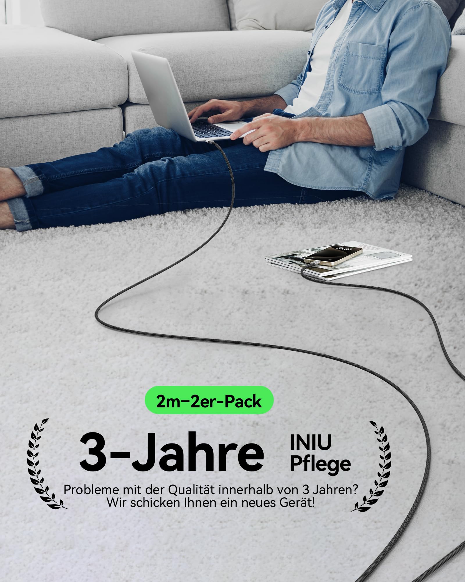 INIU USB C auf USB C Kabel, 100W [2m+2m] Typ C Schnellladekabel PD 5A QC 4.0 Nylon Ladekabel USB-C Aufladekabel für iPhone 17 16 MacBook Pro iPad Air, Samsung S25, PS5 Switch, Pixel 10 Huawei usw. 7
