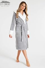 CityComfort Ladies Hooded Dressing Gown Sherpa Hood Plush Bathrobe M Grey view 3