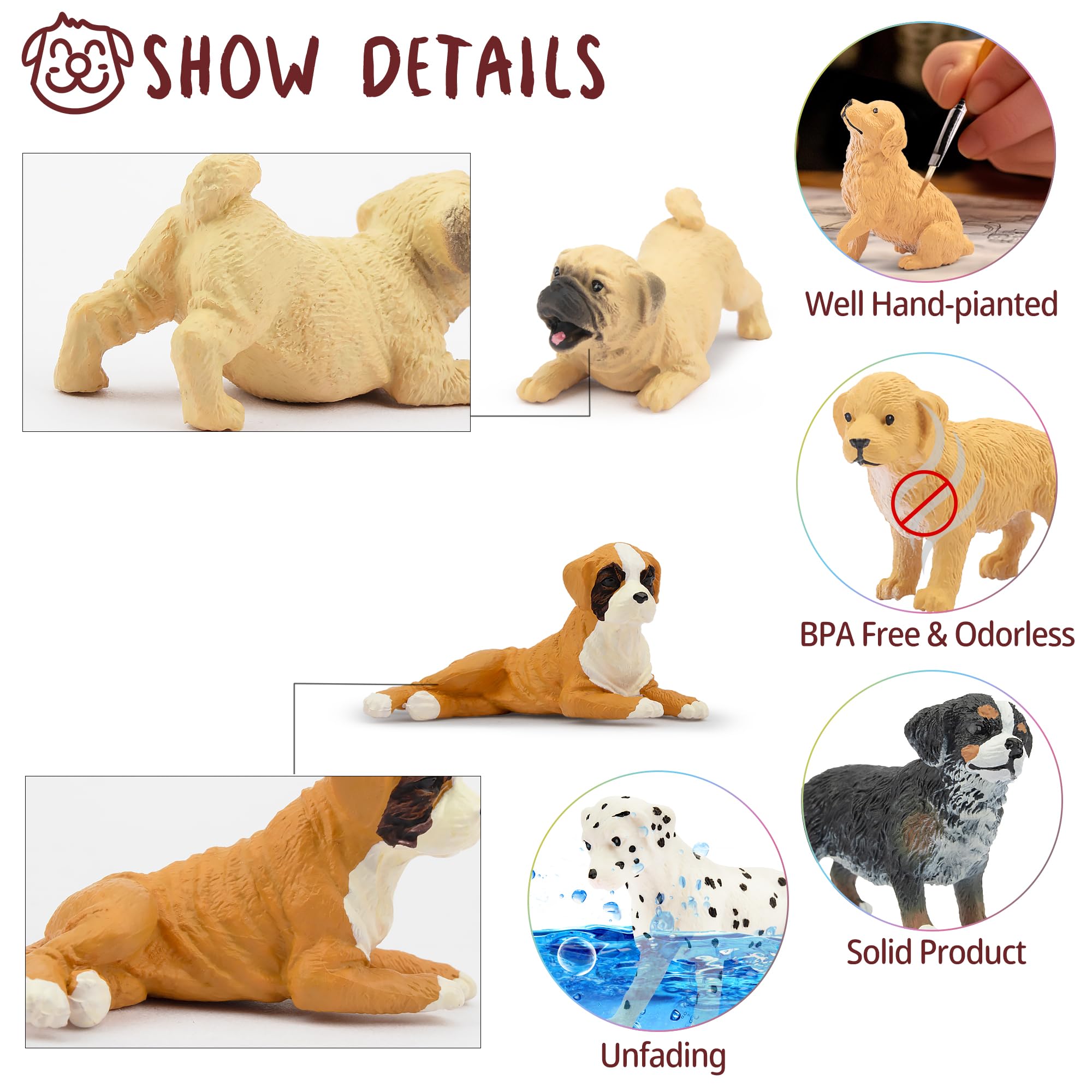 Toymany 12PCS Mini Dog Figurines Playset, Realistic Detailed Plastic Puppy Figures, Hand Painted Emulational Tiny Dogs Animals Toy Set, Cake Toppers Christmas Birthday Gift for Kids Toddlers