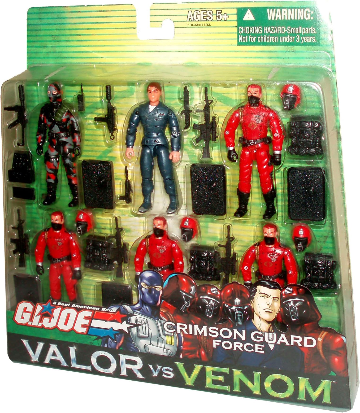 GI Joe Year 2004 Valor vs Venom Series 6 Pack 4 Inch Tall Action Figure - CRIMSON GUARD FORCE with FIREFLY figure, XAMOT figure, 4 Crimson Guard Figure, 5 Backpacks, 5 Assault Rifles, Pistol, Sub-Machine Gun, Radio, 4 Removable Helmets and 6 Display Stands