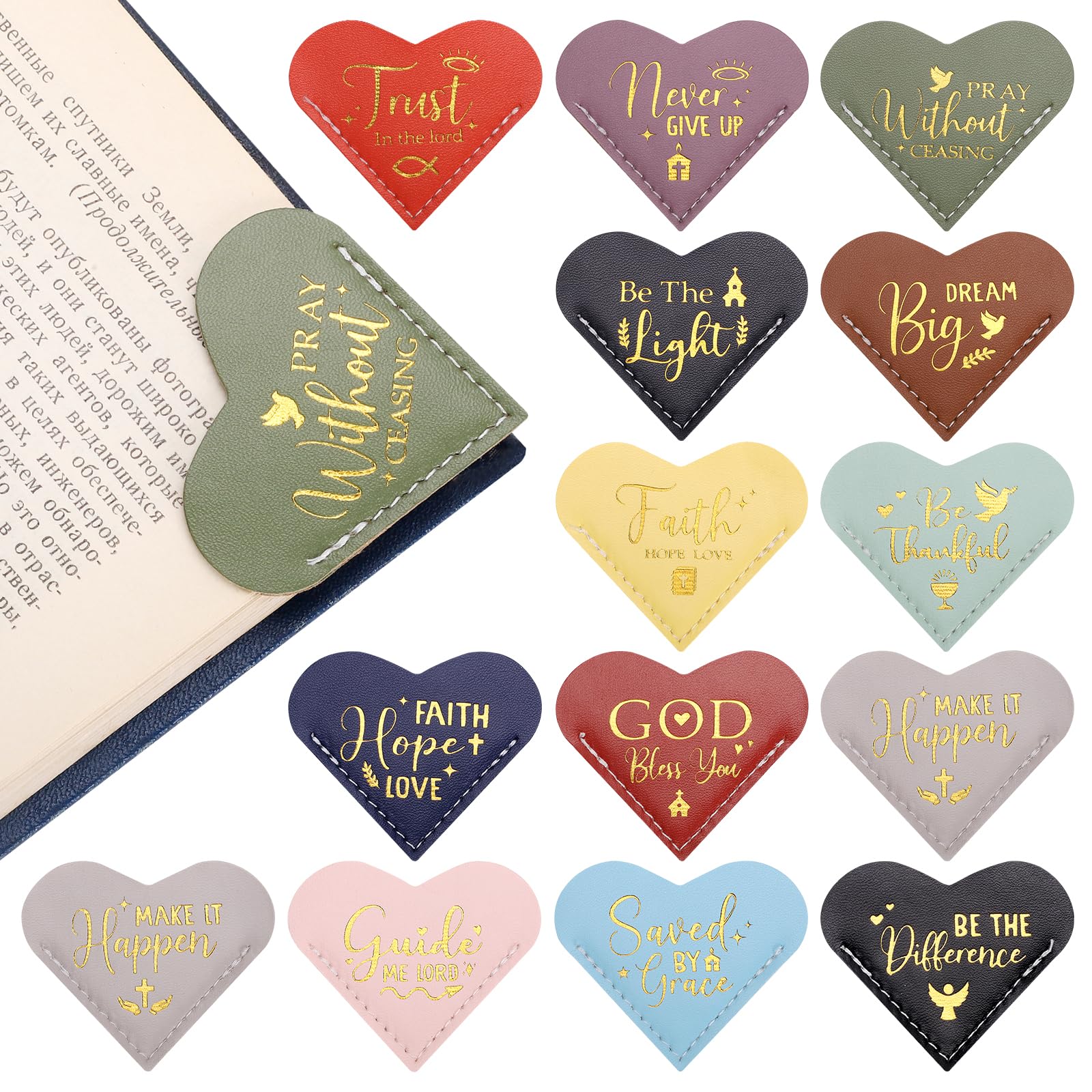 Photo 1 of 14pcs Bible Verse Leather Heart Bookmarks, Christian Bible Bookmark, Reading Inspirational Corner Bookmarks, Gifts for Religious Women, Reading Book Accessories