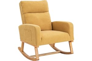 HOMYKA Rocking Chair Nursery, Modern Accent Rocking Chair with High Back, Upholstered Accent Glider Rocker with Extended Wood Legs, Comfy Nursing Chair with Side Pocket for Bedroom Living Room, Yellow