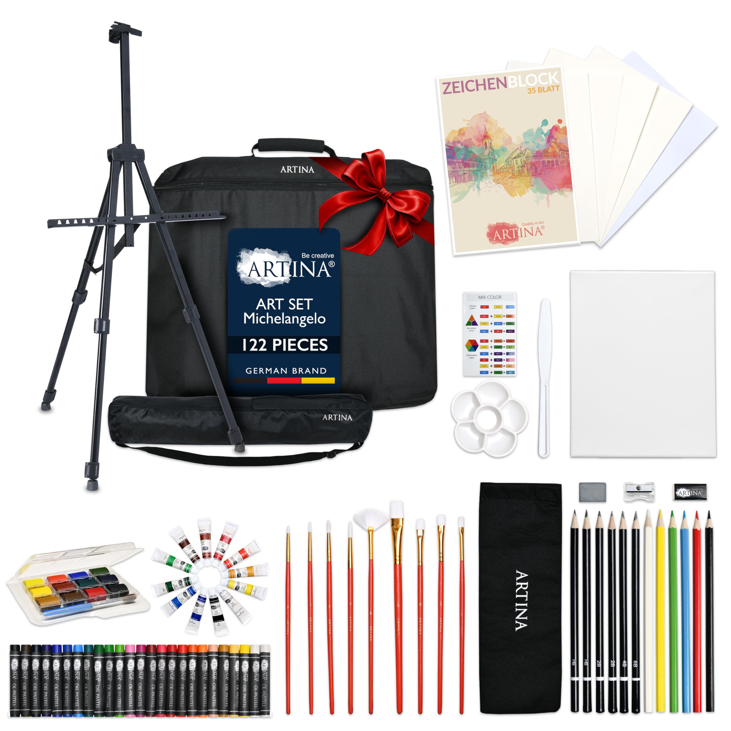 Artina 122pcs Painting Set for Kids with Portable Easel Stand – XXL Art Kit with Acrylic Paints, Oil Pastels, Watercolours, Canvas & Brushes – Christmas Art Supplies for Adults – Michelangelo