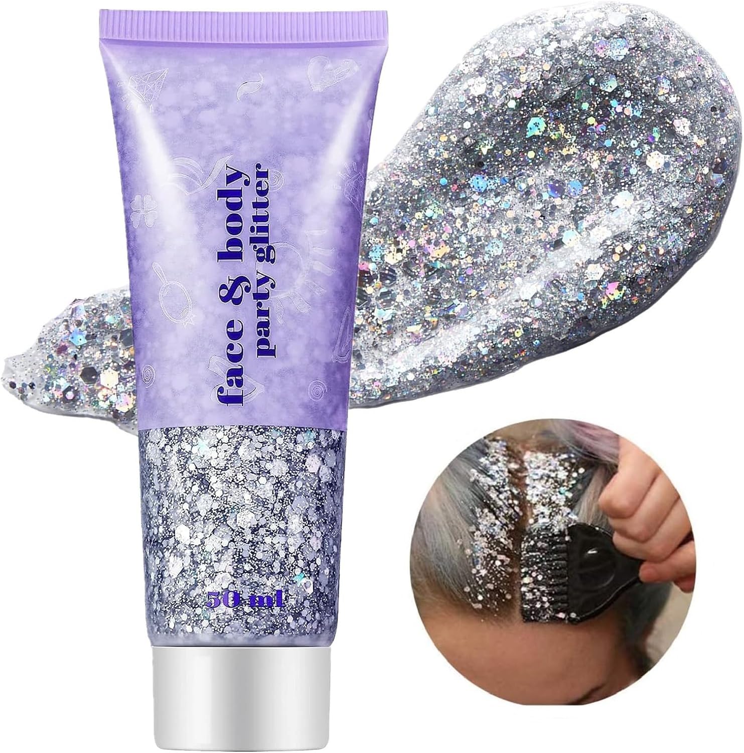 Beliky Girl Body Glitter Gel, 50ml Face Glitters Body Sequins Shimmer Liquid Eyeshadow, Mermaid Sequins Liquid Holographic Glitter Gel, Chunky Glitters for Eye Hair Nail DIY Art(Silver)