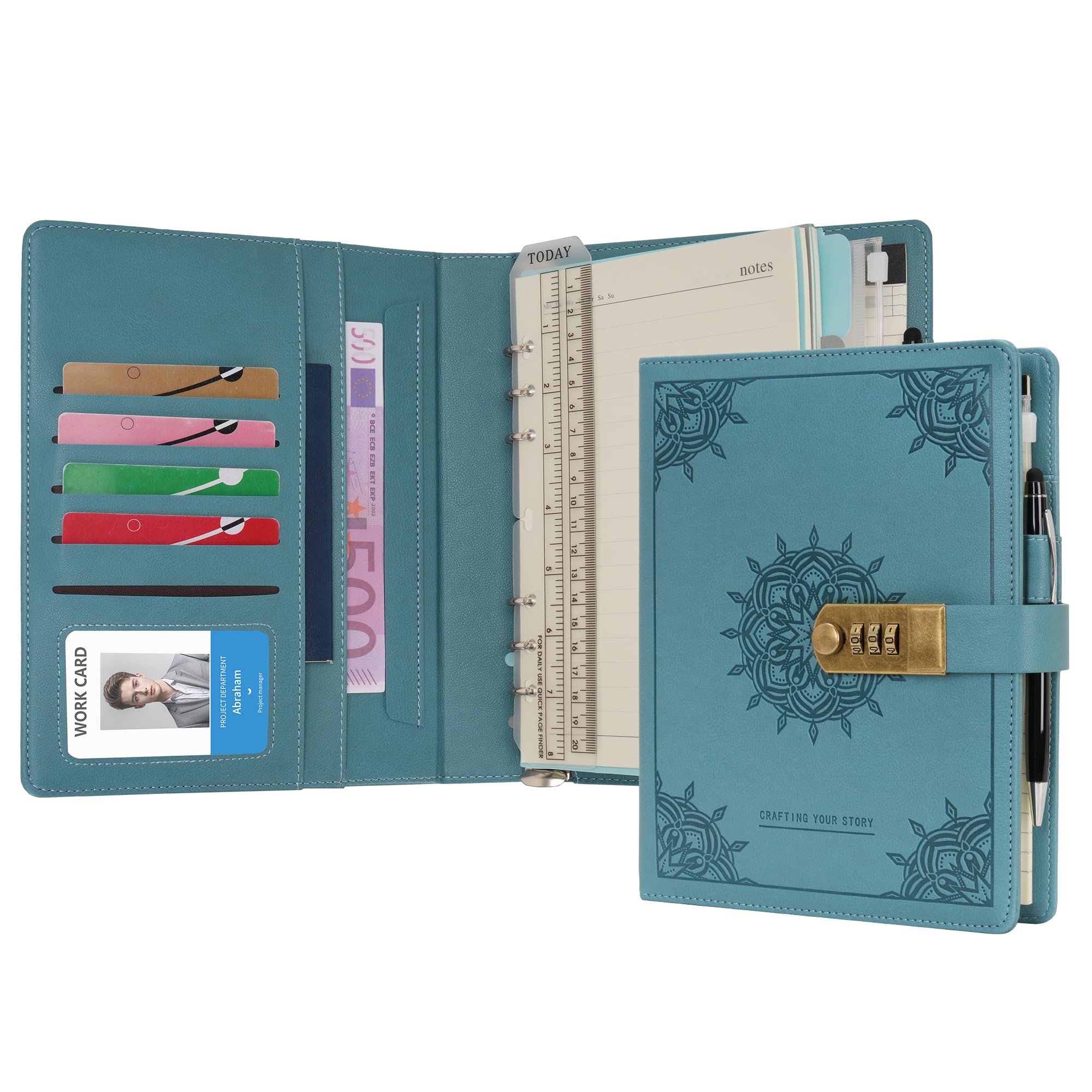 WASON Diary with Lock A5 Binder Ruled Spiral Notebook Journal Planner Portfolio and Refillable Writing Lined Paper Notepad, Pen, Clipboard Organizer For Ideal Business, School & Travel (Cyan)