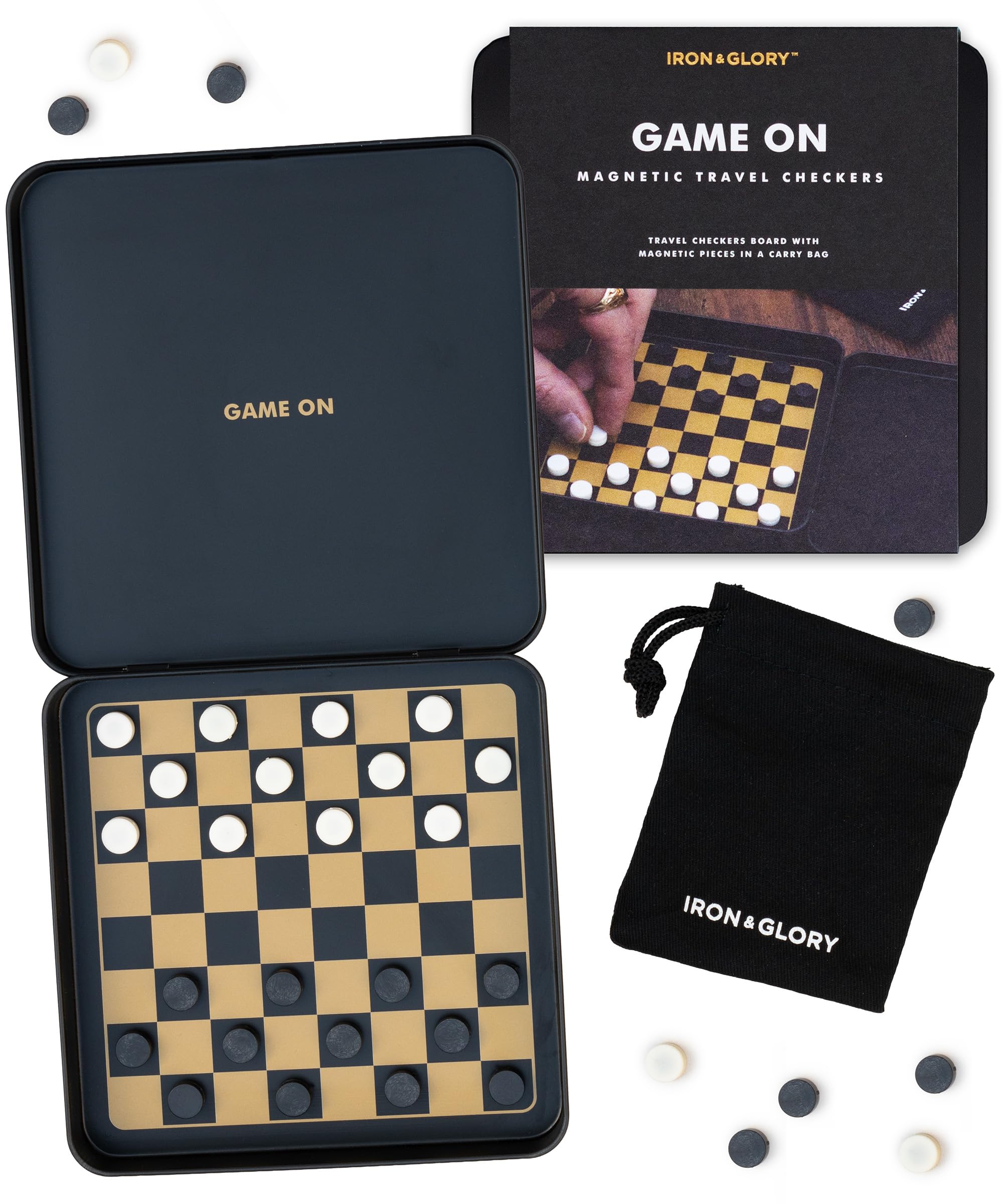 Iron & Glory Magnetic Travel Checkers Set in Durable Tin Case | Compact & Portable Board Game with Secure Magnetic Pieces | Perfect for On-the-Go Fun & Strategy | Includes Fabric Carry Pouch