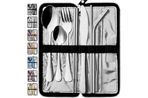 VANDBAO Portable Travel Utensils, Reusable Silverware with Case for Fixing Tableware, 9 Pieces Stainless Steel Stable Flatware Set, Camping Picnic Cutlery Set (Silver Set)