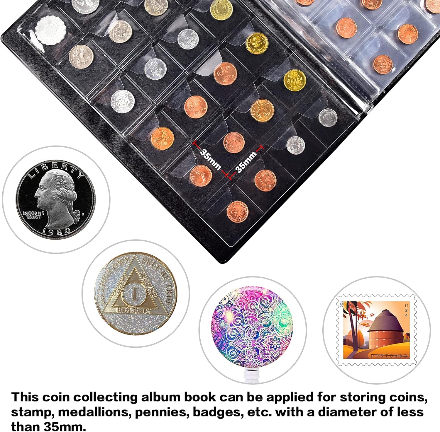 Coin Collection Holder Album 288 Pockets Book for Collectors, Coins Collecting Supplies Storage Organizer Fits for 20/25/27/30mm Coins, Penny, Quarters, Tokens, Medallions Display Case.-Black : Office Products