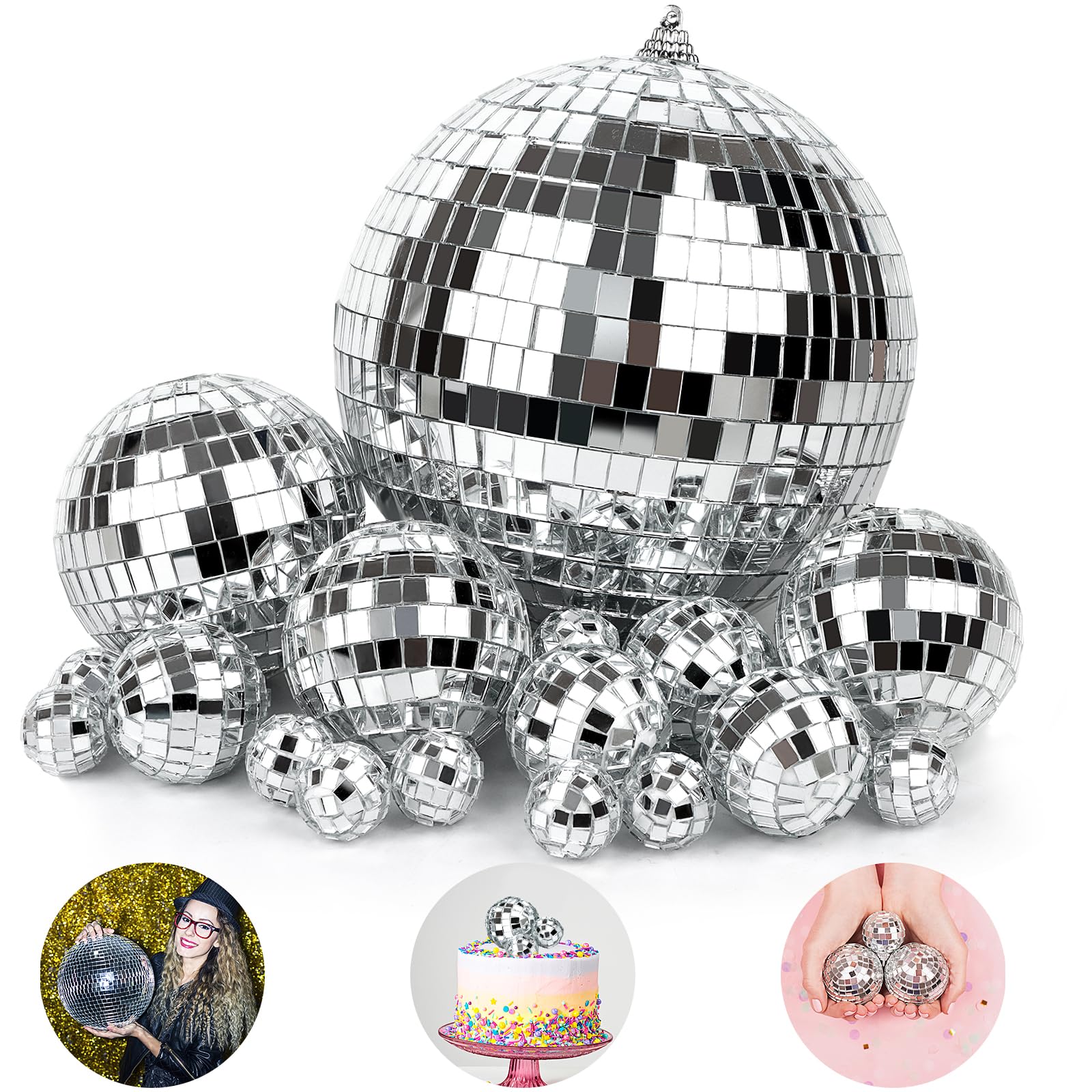 18Pcs Mirror Disco Ball DJ Lighting Effect Silver Disco Ball Hanging Mirror Ball Cake Decorations Disco Themed Cake Toppers for 70s 80s Disco Party (5 Sizes)