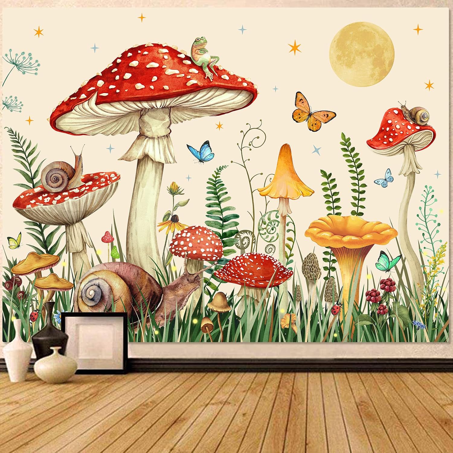 Tapestries - Zussun Red Mushroom Tapestry Moon Star Tapestries for Bedroom Aesthetic Beige Starry Night Green Plant Tapastrys Wall Hanging Butterfly Snail Frog Wall Tapestry for Living Room Dorm (Beige, 60