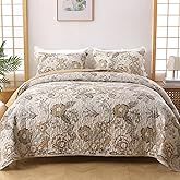 Brown Floral Quilt Set Queen Size, 3 Pieces Boho Floral Bedspread Coverlet Set with 2 Pillow Shams, Soft Microfiber Reversible Quilt Bedding Set for All Season 96"×90"