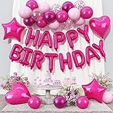 JINMUYU 37 Pcs Rose Red Happy Birthday Balloons - Banner 16 In Happy Birthday Foil Balloon Metallic Hot Pink and Confetti Balloons Heart Star Foil Balloons for Kids Women Girls Party Decorations