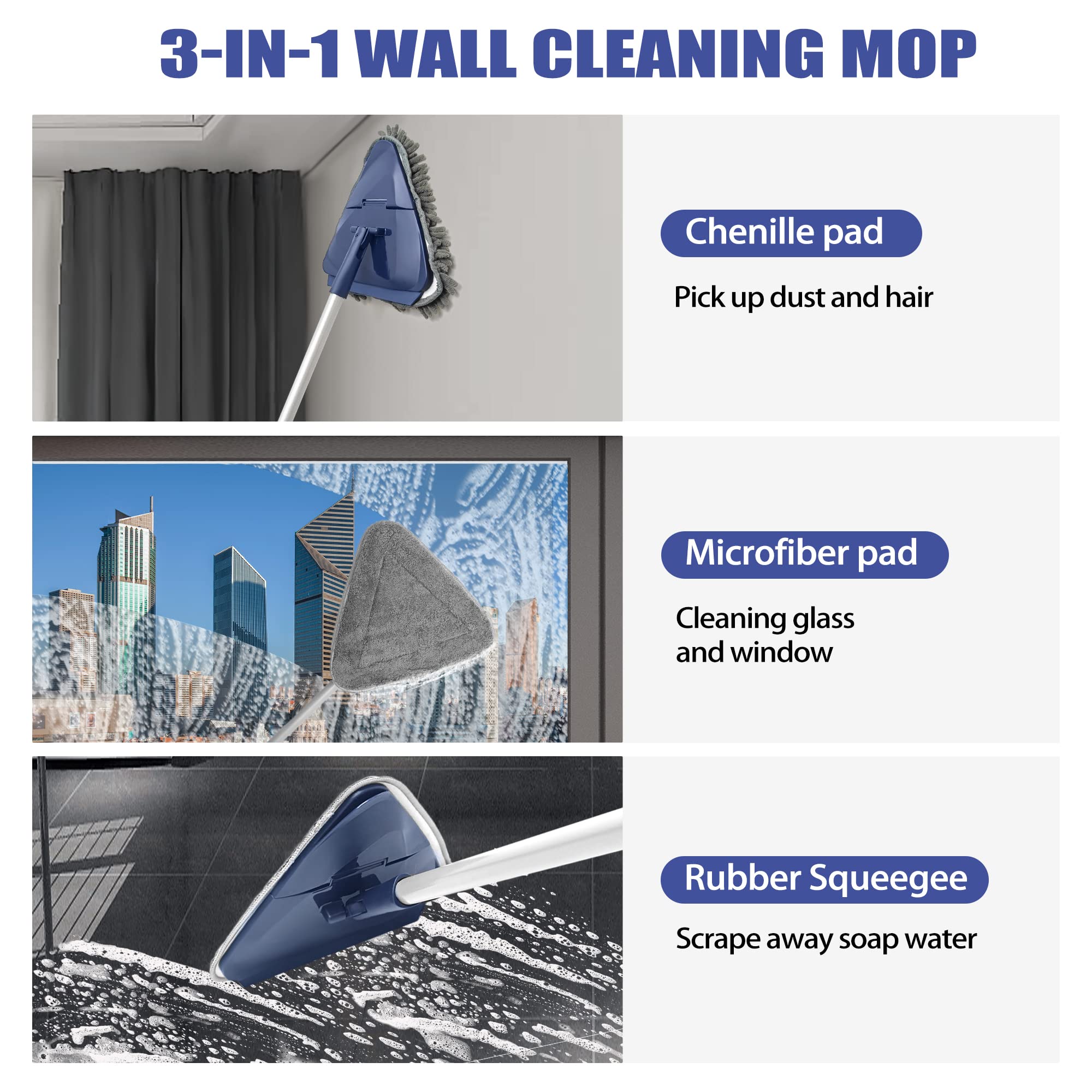 ZUBULUN Wall Mop with 82 Inches Long Handle, 360 Degree Rotating Microfiber Triangle Baseboard Cleaner Tool Duster with Window Squeegee for Cleaning Painted Wall, Ceiling, Floor, 6 Replacement Pads