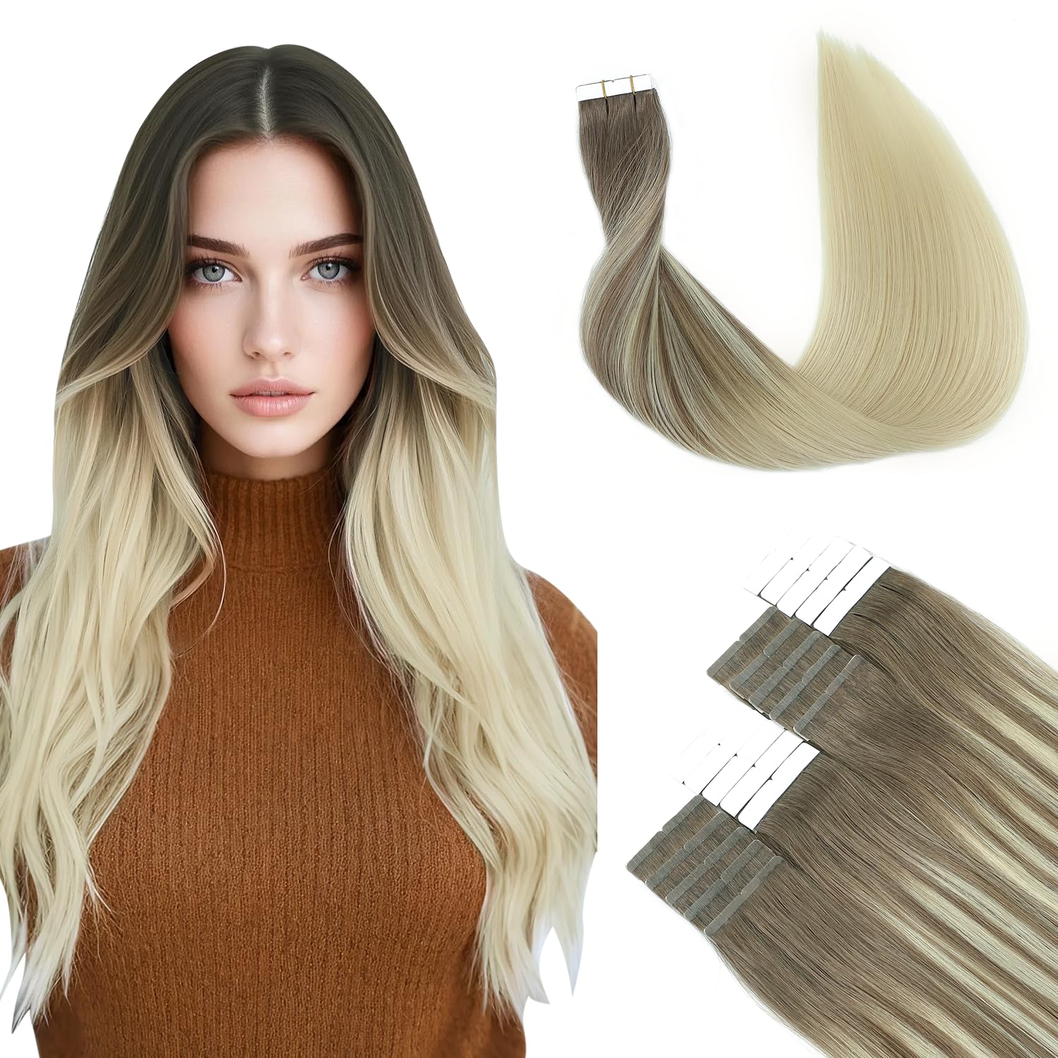 SURNEL Tape in Hair Extensions Human Balayage Color 8 Ash Brown To 60 Platinum Blonde 50G 20 Pcs Seamless Remy Hair Tape in Extensions (T22inch, 8T60) — image 1