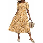 Zeagoo Womens Summer Dress Casual Midi Dresses 2026 Short Puff Sleeve Flare Dress Pleated Flowy Sundress with Pockets