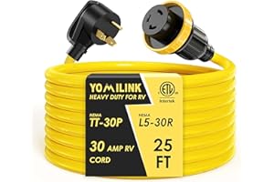 YOMILINK 25 Feet 30 Amp RV Power Cord with Locking Connector, TT-30P to L5-30R, Heavy Duty 10 Gauge 3 Wire STW Pure Copper Wire for RV Trailer Campers, with Cord Organizer, ETL Listed