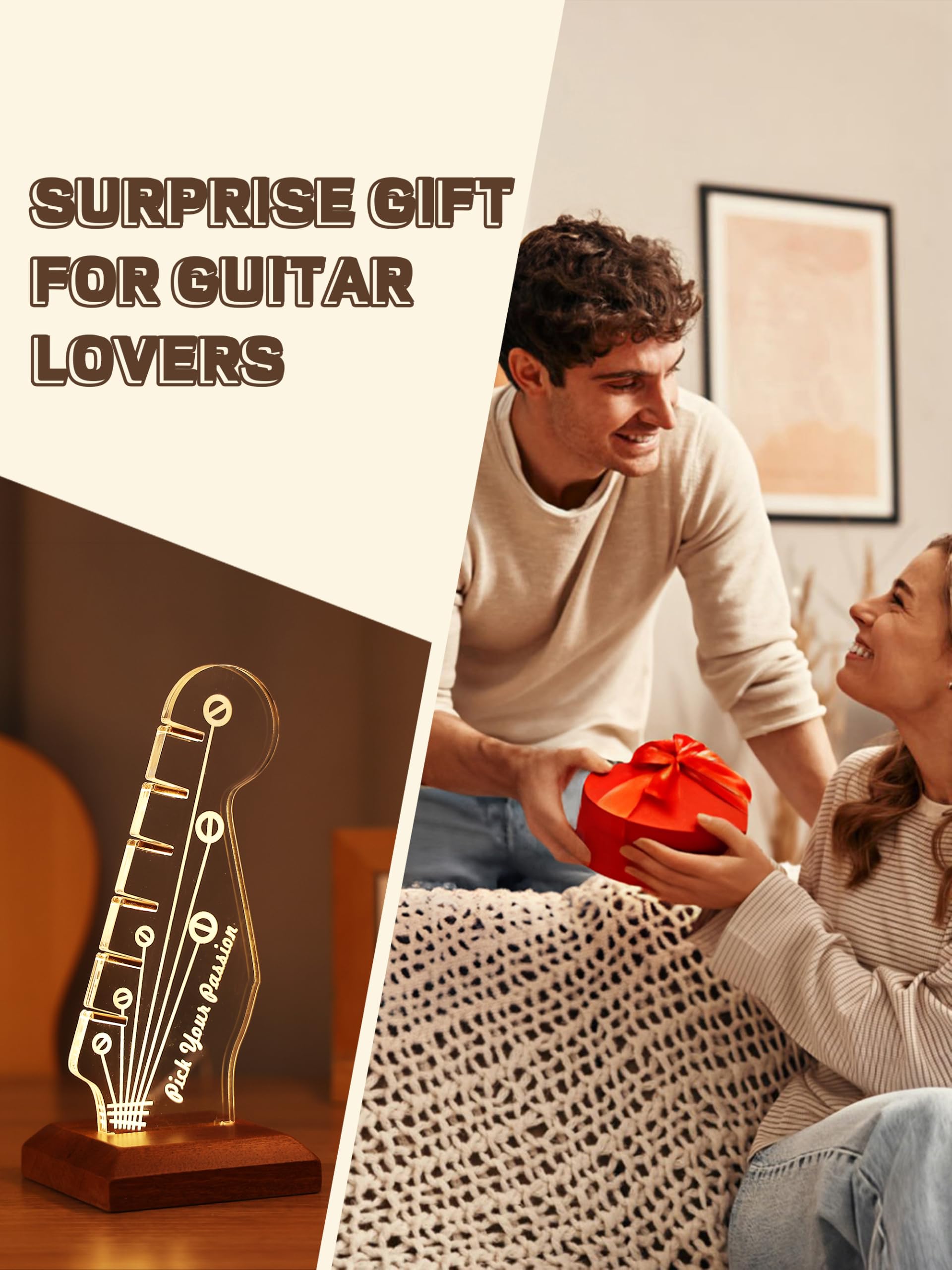 CoolGift Mart Light Up Gitarren-Pick-Halter, Acryl E-Gitarre Kopfplatte geformt Pick-Halter mit hölzernen Basis für Picks Lagerung und Anzeige, Geschenk für Gitarrenspieler Gitarristen 8