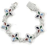 Lulu Mel Cross Infinity Charm Cuban Chain Bracelet for Men Women, Iced Out Silver Colorful Prong Setting 5A Cubic Zirconia Diamond Fashion Four-Leaf Cuban Bracelet for Rapper Gift