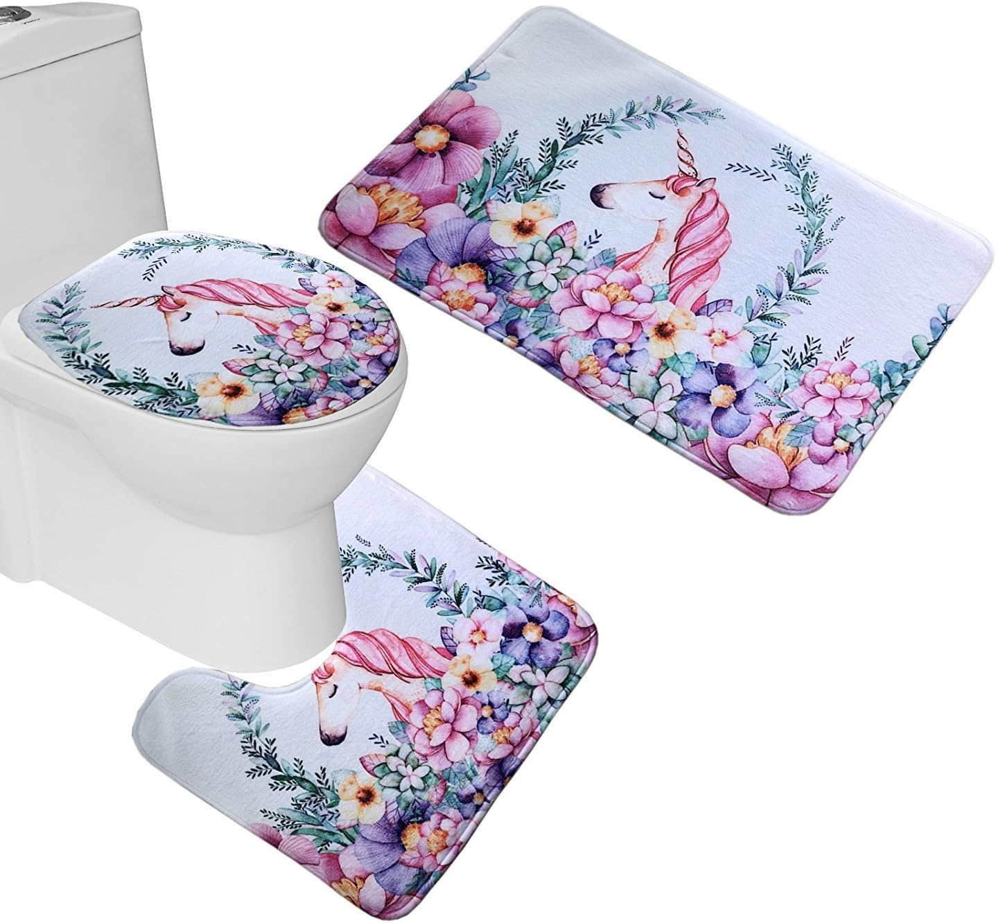 RedBeans 3 Piece Bathroom Mat Set Colorful Flowers Unicorn Printed Bath Mat + Contour Mat + Lid Toilet Cover