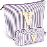 2 PCS Initial Makeup Bags for Women: Cosmetic Bag for Travel Toiletry - Birthday Gifts for 11 12 13 14 15 16 17 18 Years Old Girl Graduation Teacher Gift- Teen Girl Gifts Trendy Stuff - Purple V