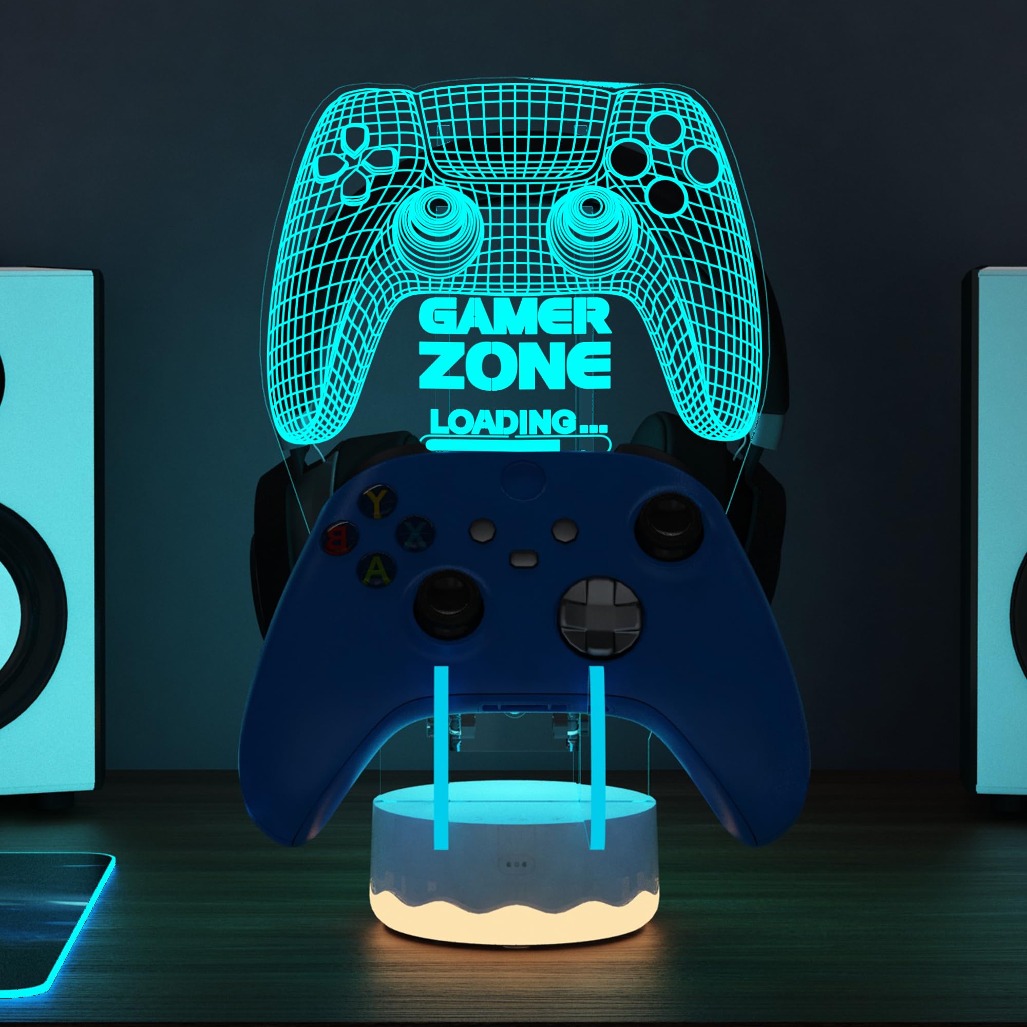 CoolGift Mart Light Up Headset und Controller Ständer, 16 Farben 3D LED Lichter Gamepad Kopfhörerhalter mit Fernbedienung, Game Controller Hänger für alle Universal Gaming PC Zubehör 8