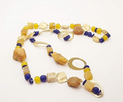 Collana Lunga Boho Pietre Dure Opale Giallo Agata Ambrata E Perle Africane Gialle E Blu Di Vetro Riciclato Amazon It Handmade