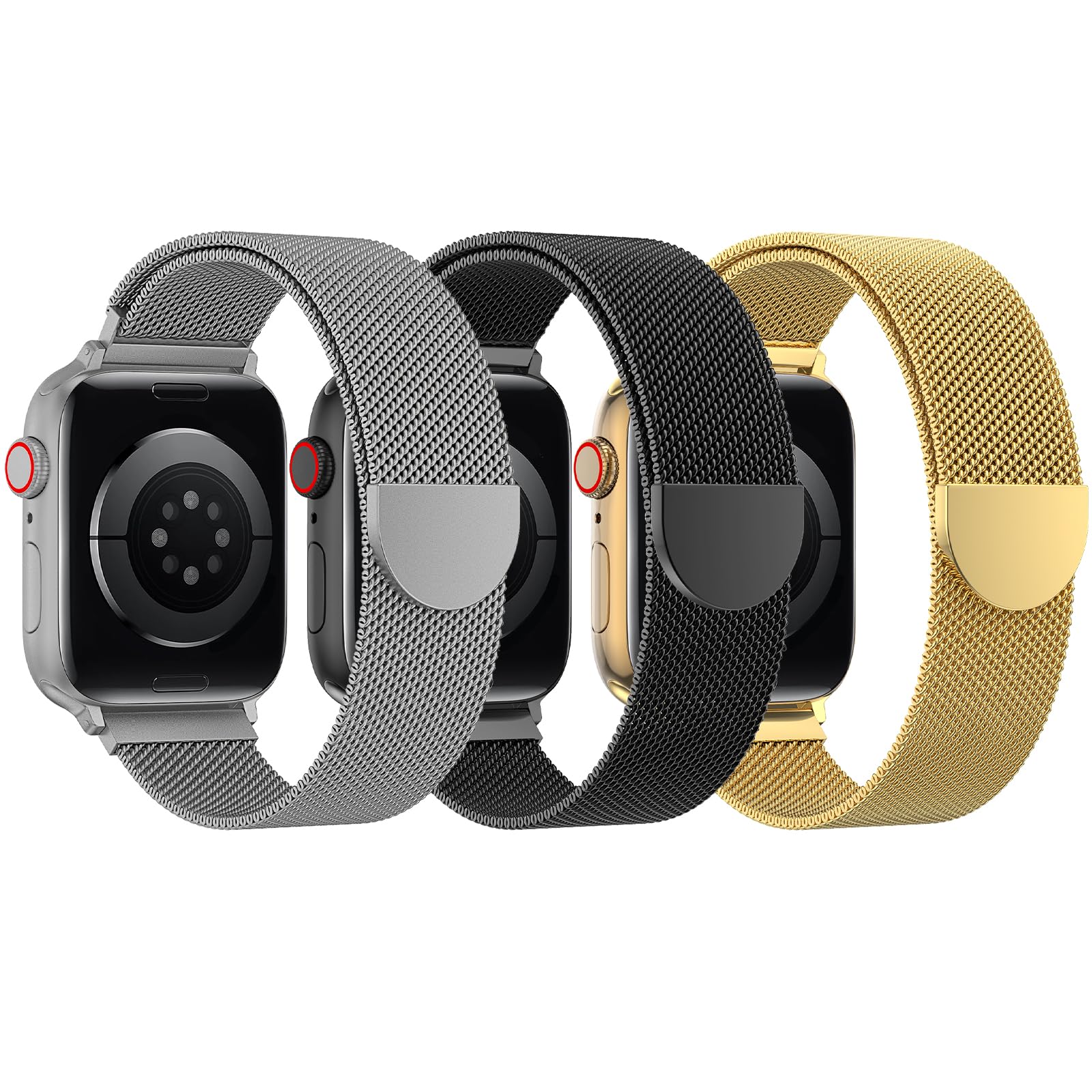 Photo 1 of BELONGME 3 Pack Mesh Loop Compatible with Apple Watch Bands for Women Men 40mm 41mm 38mm 42mm 44mm 45mm 49mm 46mm Series 10 9 8 7 6 5 4 3 2 1 Ultra SE, Stainless Steel Metal Strap Magnetic Clasp for iWatch Bands