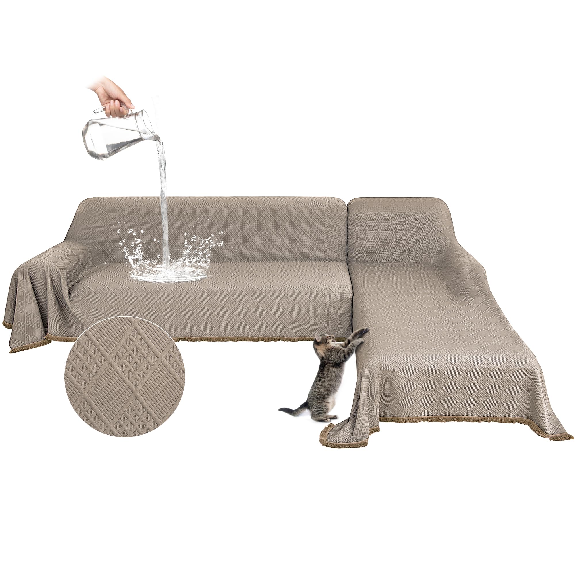 Photo 1 of HYZOTEX Waterproof L Shaped Sectional Couch Covers Blanket 2 Piece Sectional Sofa Cover Washable L Shape Sofa Slipcover Jacquard Quilted Furniture Protector for Dogs Pets Cats (XX-Large, Light Khaki)