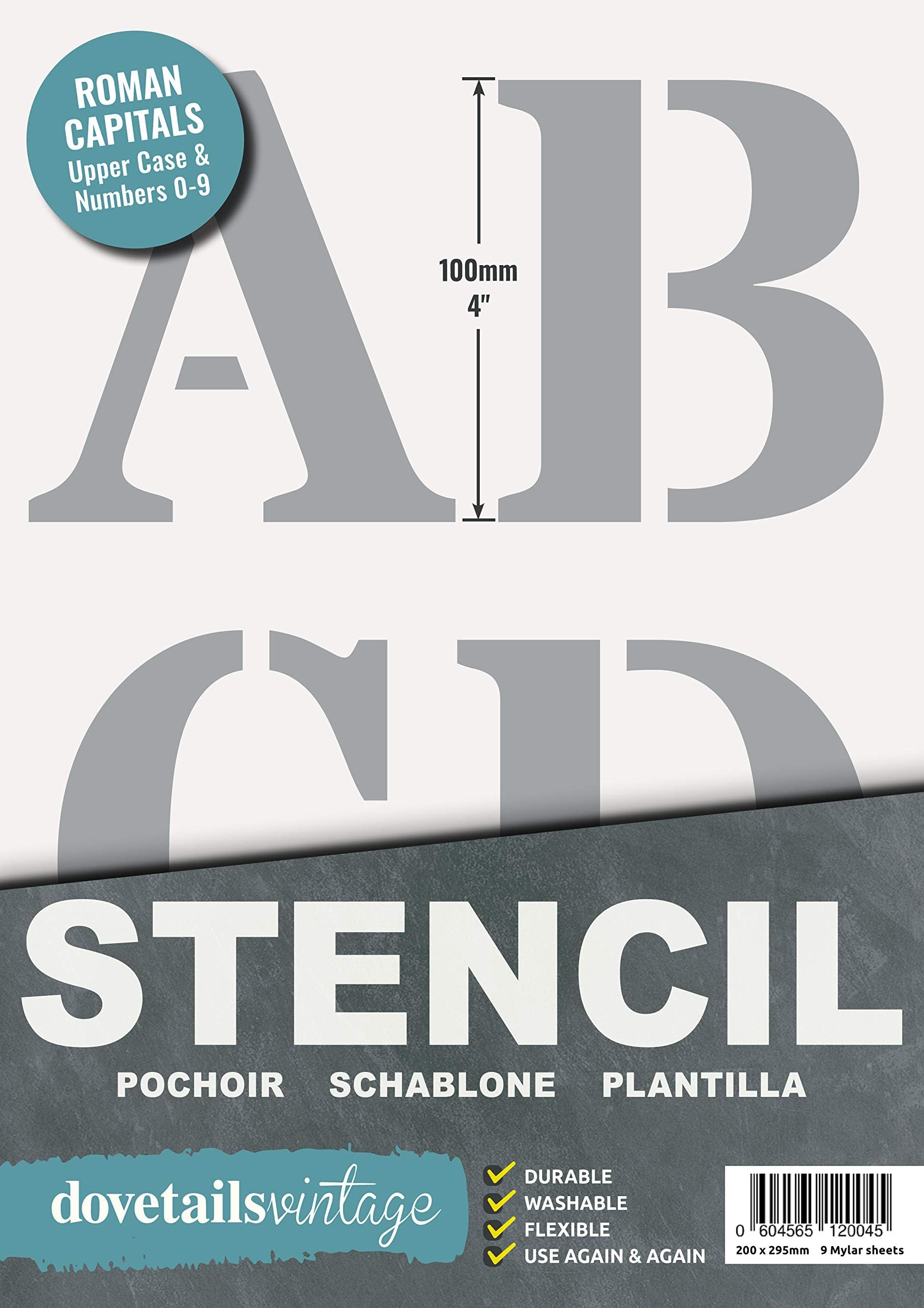 Letter Stencil Alphabet/Numbers 4 inches (10cm) Tall Very Large Roman Capitals on 9 Sheets of 11.5 x 8"