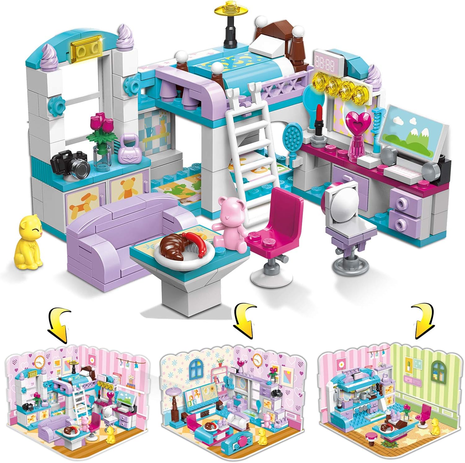 Qman 6-12 Girl's Dream Home Building Blocks Kit Educational Toy, Build Girl's Bedroom or Living Room or Kitchen, 3 Building Methods (194 Pieces)