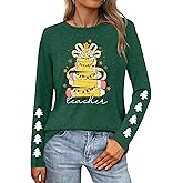 Merry Christmas T-Shirt for Women Merry and Bright Tree Shirt Funny Christmas Long Sleeve Shirts Xmas Tee