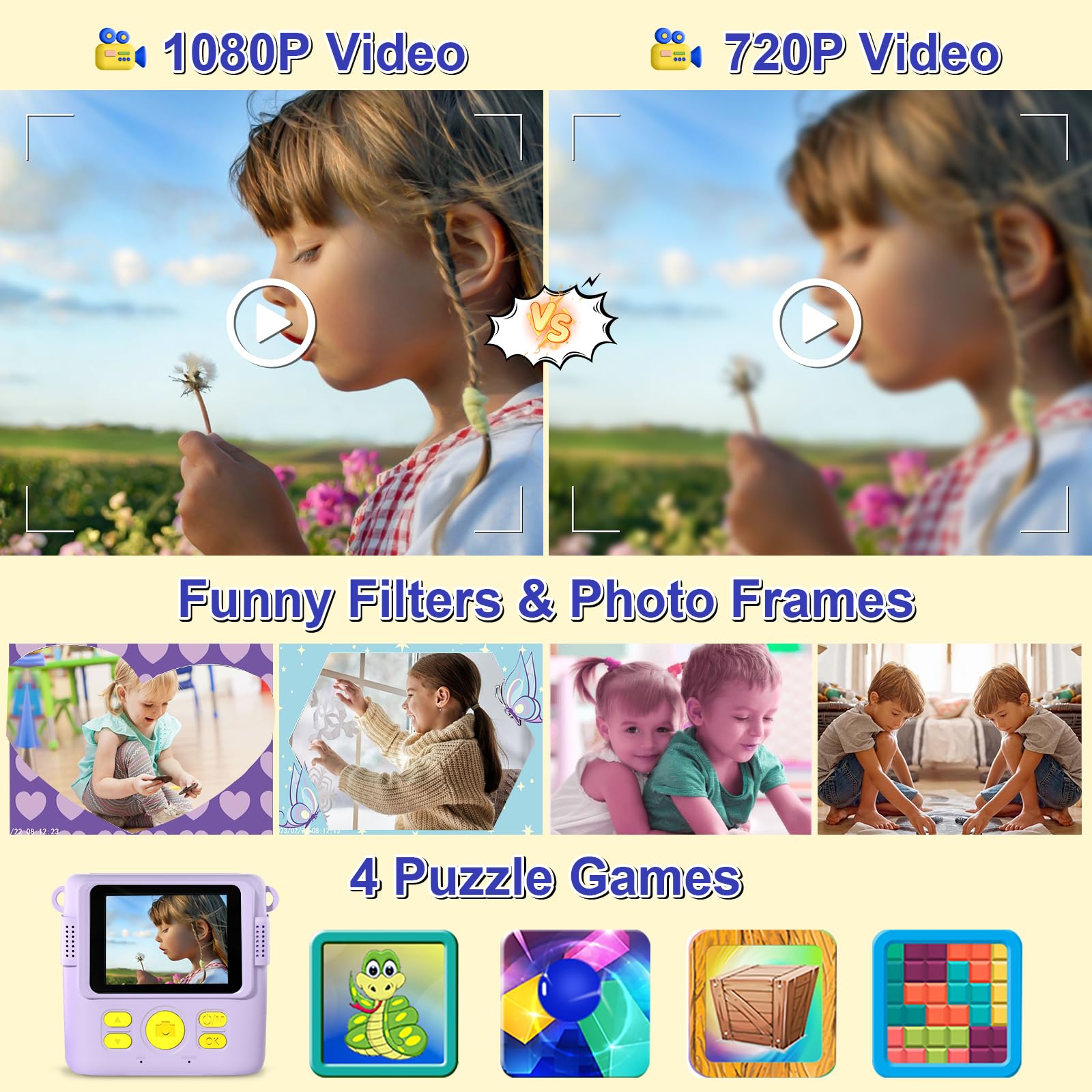 Instant Print Camera for Kids - 1080P HD Instant Print Photo - Christmas Birthday Gifts for Age 4 5 6 7 8 9 10 Girls Boys - Portable Toy with 3 Rolls Photo Paper, 5 Color Pens, 32GB Card - Purple