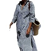 Hooever Shirt Dresses for Women Casual Long Sleeve Button Down Loose Striped Cotton Maxi Shirt Dress