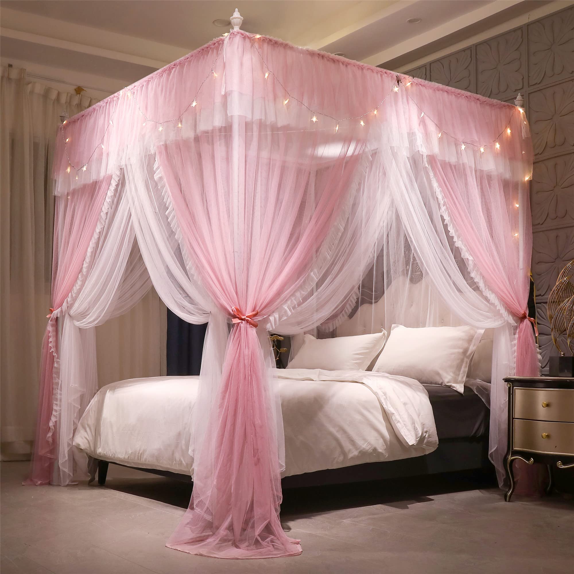 Photo 1 of VETHIN 4 Corners Post Ruffle Princess Bed Canopy Curtain-Double Layer Cozy Drape Netting 4 Opening Mosquito Net for Girls Adults Bedroom Decoration (Pink/Whtie,78" W*86" L*82"*H/King)