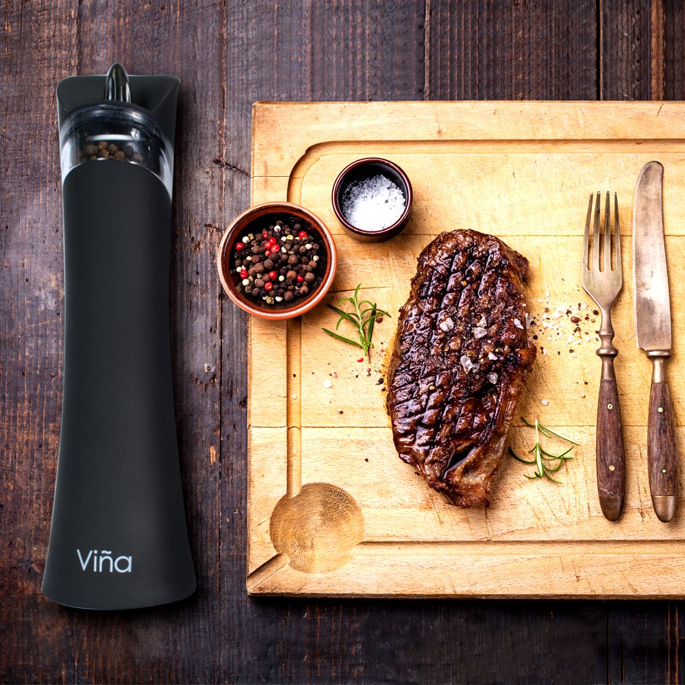 Vina Electric Gravity Salt Pepper Grinder Set, Adjustable Grinding Coarseness Automatic Shaker Mills with Ceramic Core, Free Garlic Roller Included, Pack of 2, Black